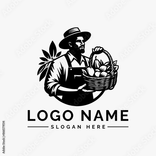 vector logo male farmer with carrying a basket fruits