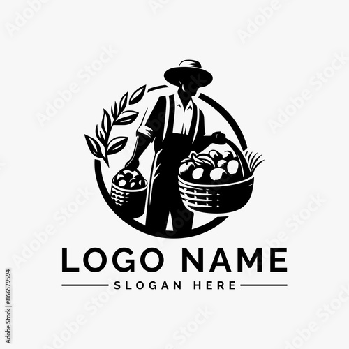 vector logo male farmer with carrying a basket fruits