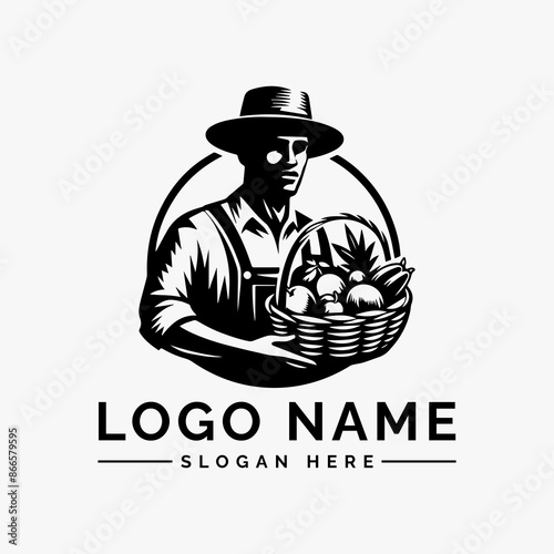 vector logo male farmer with carrying a basket fruits