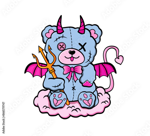 Cute cartoon Teddy Bear is demon with the trident. Vector Emo illustration for girls. T-shirt design. The drawing in PNG.