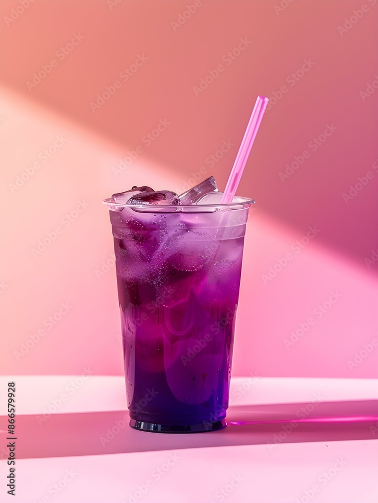 Dark Purple Summer Drink on a pink Background with Sunlight and Shadows Dark Purple Summer Drink on a pink Background with Sunlight and Shadows