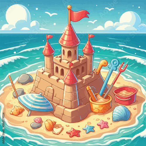 Beach sandcastle toy in summer to play near sea cartoon. Cute sand castle game icon with seashell and rock object. Kid vacation sculpture clipart drawing with red flag. Creative fantasy pa