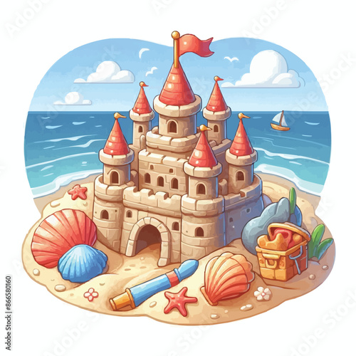 Beach sandcastle toy in summer to play near sea cartoon. Cute sand castle game icon with seashell and rock object. Kid vacation sculpture clipart drawing with red flag. Creative fantasy pa