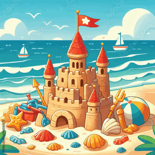 Beach sandcastle toy in summer to play near sea cartoon. Cute sand castle game icon with seashell and rock object. Kid vacation sculpture clipart drawing with red flag. Creative fantasy pa
