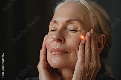 Senior Woman Using Skincare Device for Facial Rejuvenation photo
