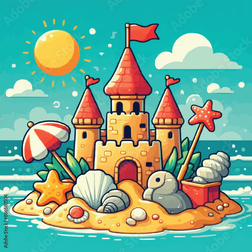 Beach sandcastle toy in summer to play near sea cartoon. Cute sand castle game icon with seashell and rock object. Kid vacation sculpture clipart drawing with red flag. Creative fantasy pa
