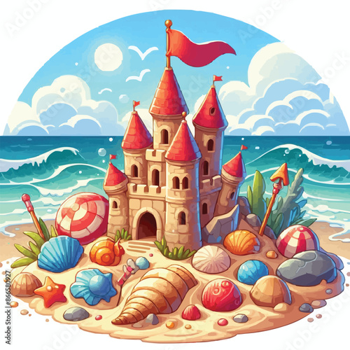 Beach sandcastle toy in summer to play near sea cartoon. Cute sand castle game icon with seashell and rock object. Kid vacation sculpture clipart drawing with red flag. Creative fantasy pa