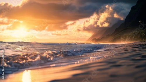 cinematic panoramic photograph of polihale beach sunset golden hour shallow depth of field backlit bokeh chiaroscuro high contrast beautiful photo