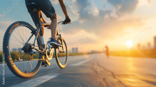 Cyclist riding bike on road during beautiful sunset. Healthy lifestyle, outdoor activity, and fitness concept with cityscape background.