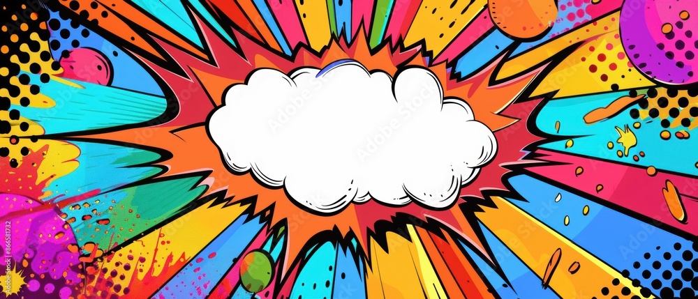 Vivid comic explosion with blank speech bubble, surrounded by bright patterns Vivid comic explosion with blank speech bubble, surrounded by bright patterns