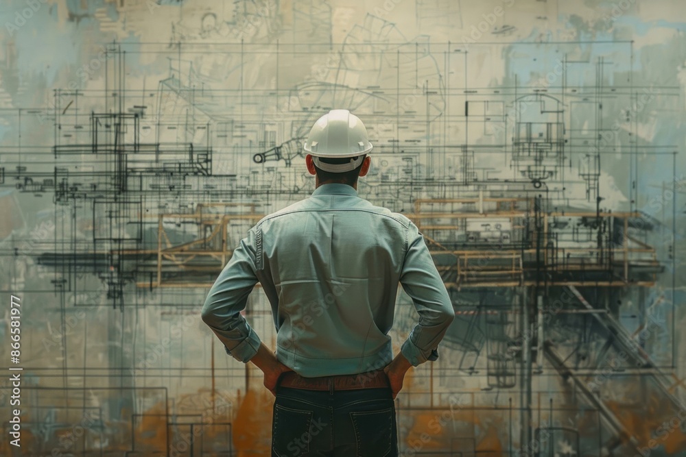 Professional male architect wearing a hardhat standing at a construction site. Overlooking a blueprint with hands on hips Professional male architect wearing a hardhat standing at a construction site. Overlooking a blueprint with hands on hips
