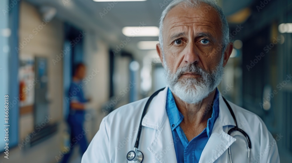 A man in a white lab coat with a stethoscope is standing in a hospital hallway A man in a white lab coat with a stethoscope is standing in a hospital hallway