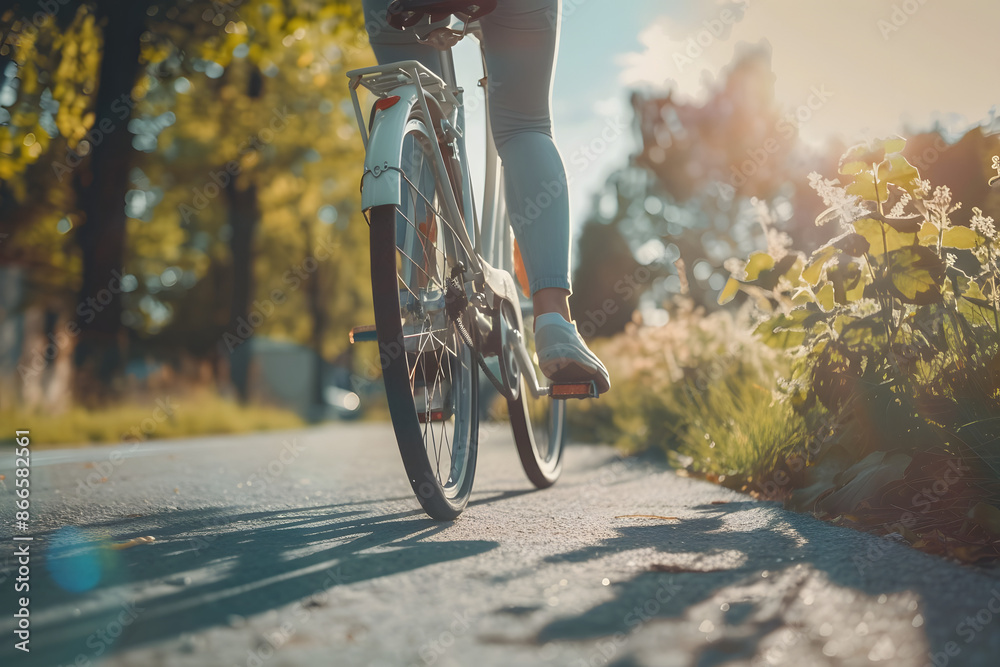 Obraz premium A detailed shot of a person riding a bicycle through a scenic countryside, capturing the joy of outdoor activities and nature 