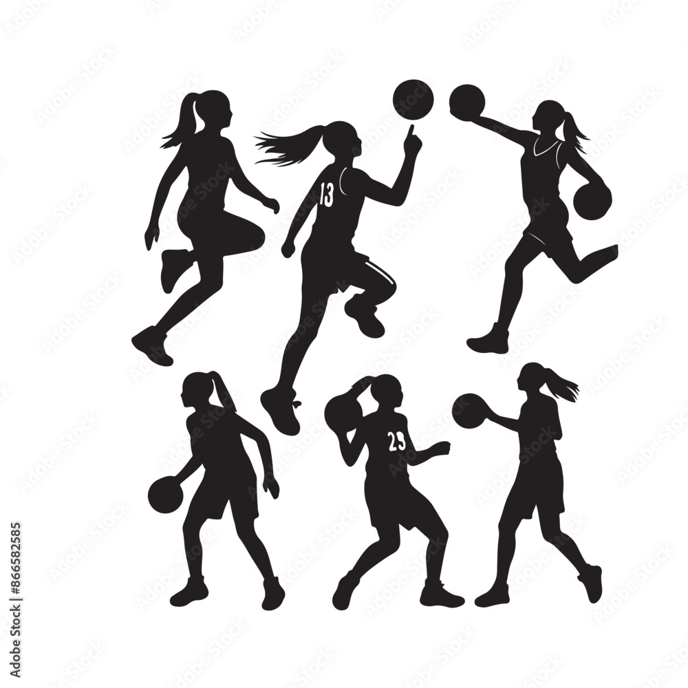 Fototapeta premium Art & Silhouettes of Basketball Players, Sport Men, Collection, Silhouette, Jump, Run, Ball, Lifestyle, Playoff, Dynamic, Player Illustration, Sport Silhouette