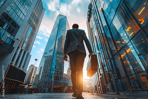 A high-quality image of a business professional walking in the city, holding a briefcase, with a modern skyscraper in the background
