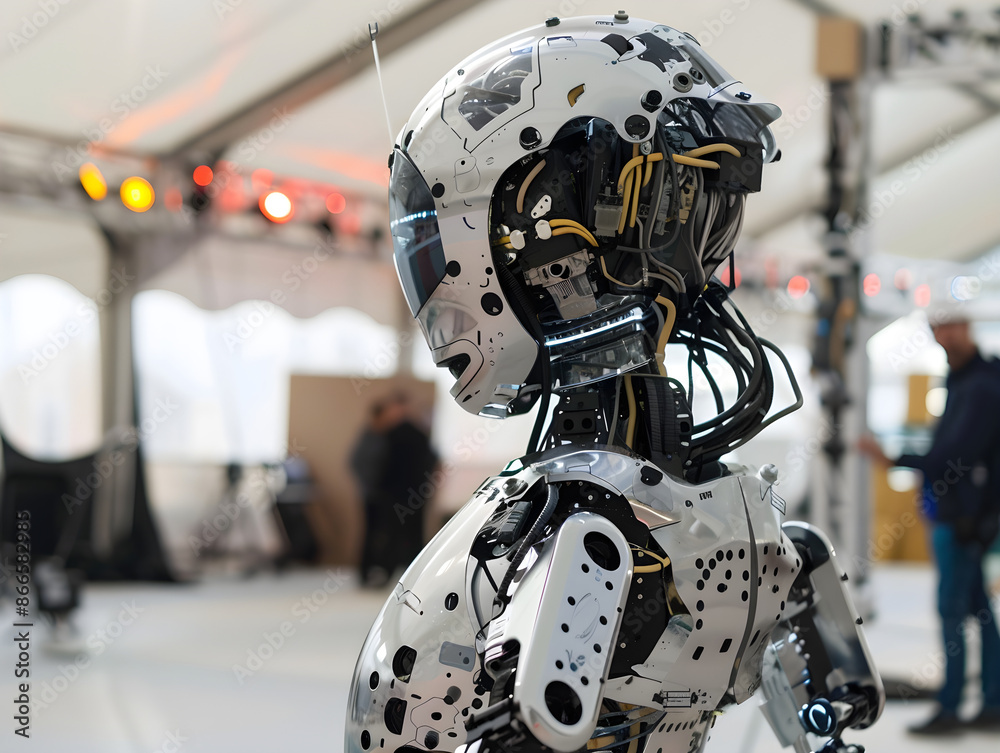 A silver humanoid robot with red lights aiding in rescue efforts after a disaster. A silver humanoid robot with red lights aiding in rescue efforts after a disaster.