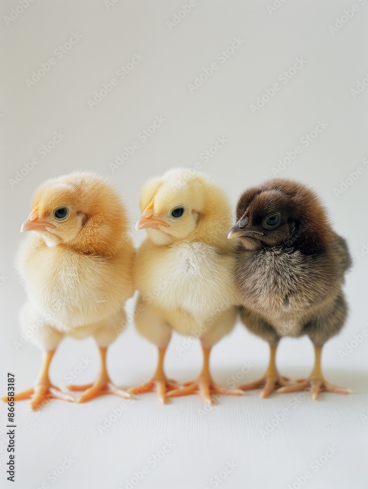 Fototapeta premium Three baby chicks standing next to each other