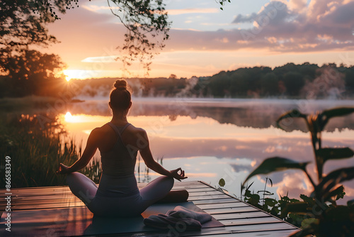 A high-resolution photo of a woman stretching on a yoga mat at sunrise, with a serene lake in the background, emphasizing peace and tranquility