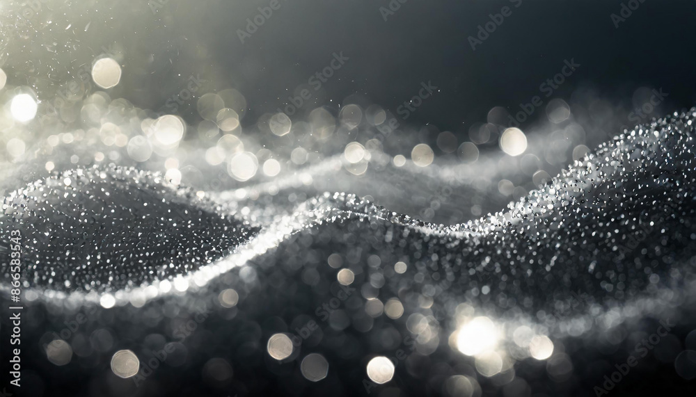 Abstract wave composed of silver particles with bokeh light effects, creating a dynamic and futuristic feel Abstract wave composed of silver particles with bokeh light effects, creating a dynamic and futuristic feel