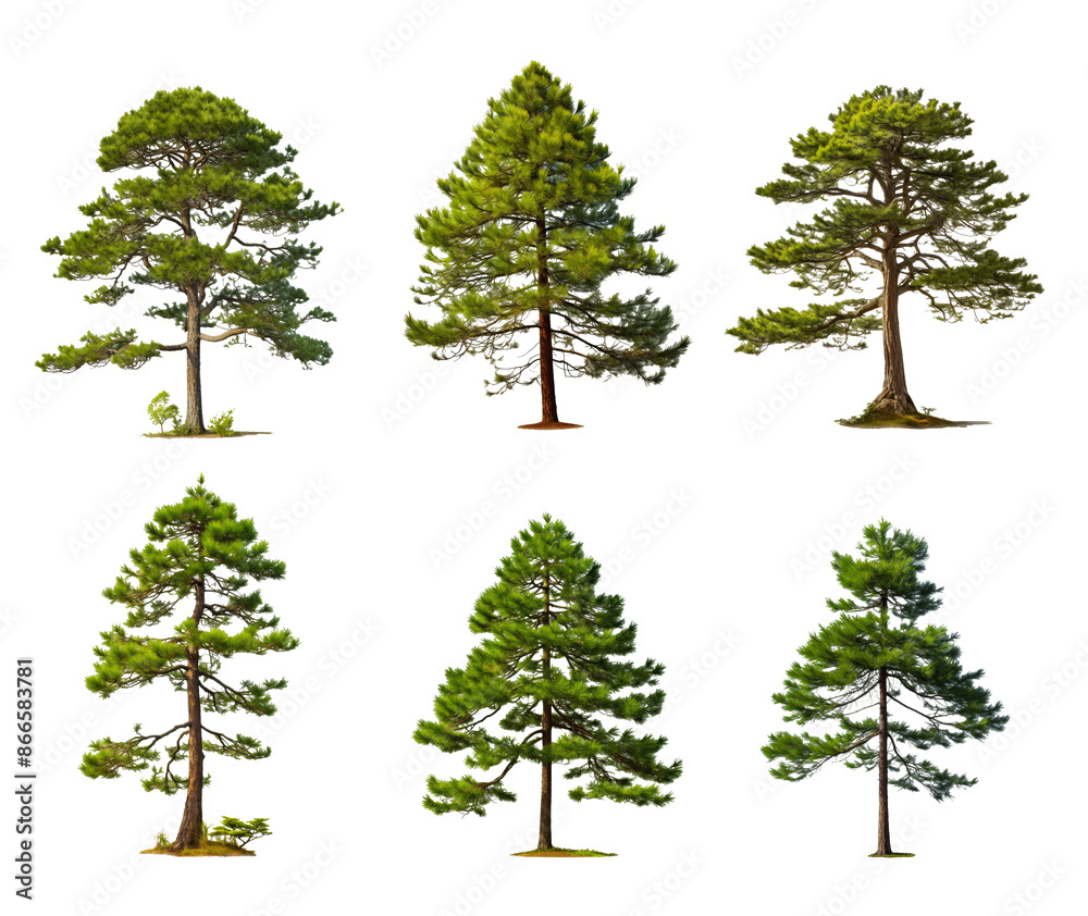 A digital illustration depicting six green pine trees isolated on a white background A digital illustration depicting six green pine trees isolated on a white background