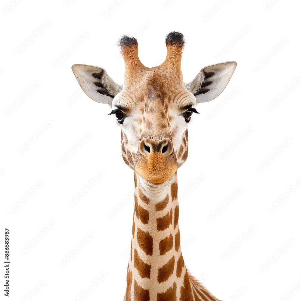 Obraz premium Close-up portrait of a curious giraffe with unique skin pattern on a white background. Long neck and expressive eyes show gentle nature