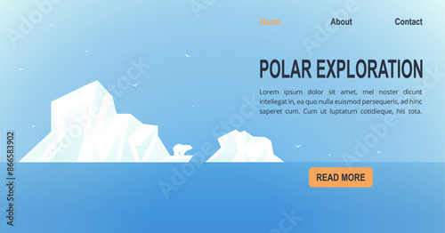 Antarctica landscape, floating iceberg banner. Global warming horizontal banner. Polar exploration