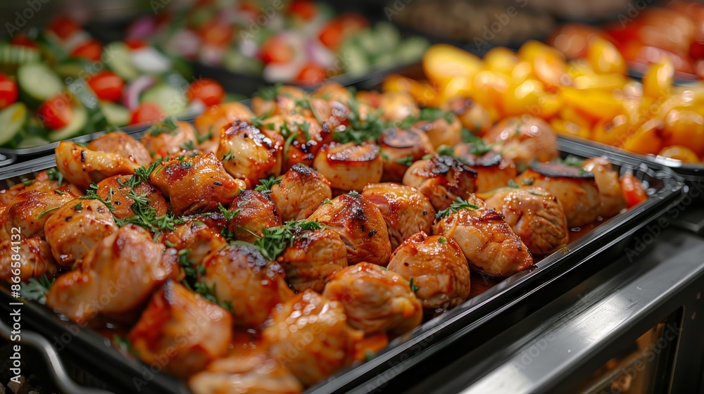 Close-up of succulent grilled chicken pieces garnished with fresh herbs on a serving tray at a buffet. In the background, an assortment of colorful vegetable dishes Close-up of succulent grilled chicken pieces garnished with fresh herbs on a serving tray at a buffet. In the background, an assortment of colorful vegetable dishes