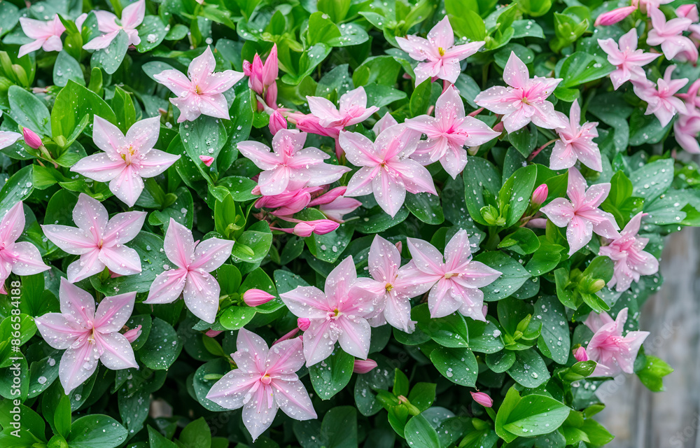 There are a lot of double-petaled Platycodon grandiflorum flowers that blend white and pink in the fence, super real, super high definition, green leaves, light water droplets on the leaves and flower There are a lot of double-petaled Platycodon grandiflorum flowers that blend white and pink in the fence, super real, super high definition, green leaves, light water droplets on the leaves and flower