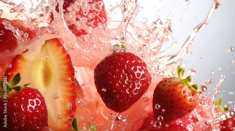 A close up of a strawberry with a splash of water surrounding it A close up of a strawberry with a splash of water surrounding it