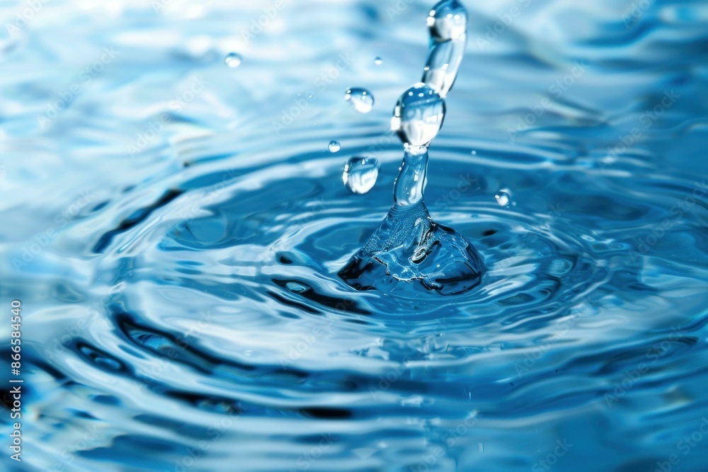 Closeup of a clear water droplet creating ripples on a smooth blue water surface Closeup of a clear water droplet creating ripples on a smooth blue water surface