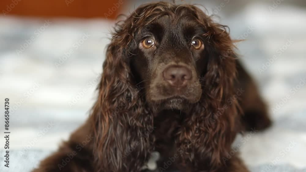 Young dark brown English Cocker Spaniel, close-up portrait. Young dark brown English Cocker Spaniel on the bed. A playful English Cocker Spaniel puppy looks at the camera. Happy puppy, soft focus Young dark brown English Cocker Spaniel, close-up portrait. Young dark brown English Cocker Spaniel on the bed. A playful English Cocker Spaniel puppy looks at the camera. Happy puppy, soft focus