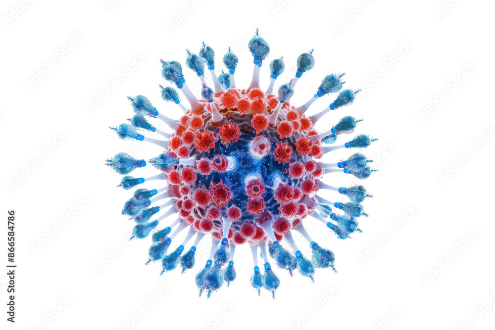 Detailed 3D render of a virus particle with blue and red structures, representing a microscopic view of a pathogen in a scientific model. Detailed 3D render of a virus particle with blue and red structures, representing a microscopic view of a pathogen in a scientific model.