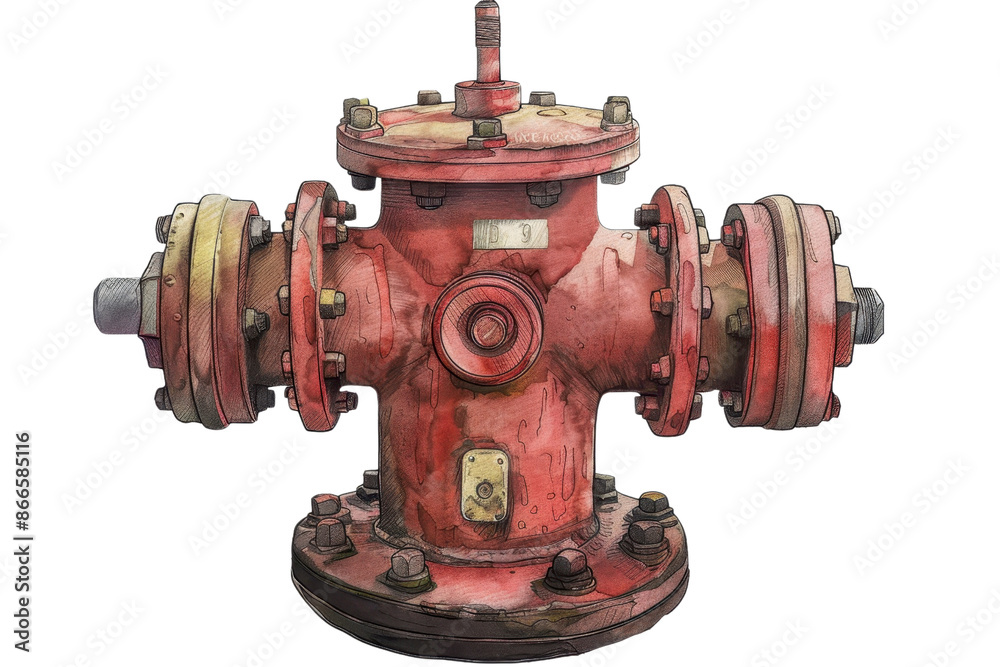 Detailed watercolor illustration of an old red industrial fire hydrant with rust, bolts, and vintage charm on a transparent background. Detailed watercolor illustration of an old red industrial fire hydrant with rust, bolts, and vintage charm on a transparent background.