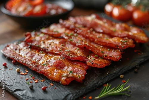 A delectable array of crispy bacon slices garnished with herbs and spices is artfully presented on a black slate serving board, ready to entice any food lover's appetite.
