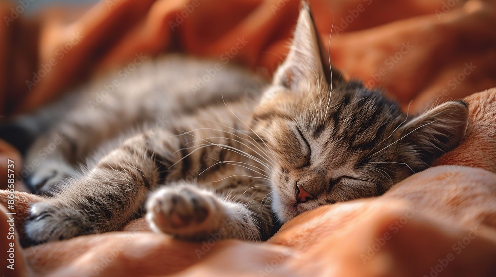 Serene Sleeping Kitten: Adorable feline resting peacefully in a cozy bed with soft light, tranquil and cute pet portrait.