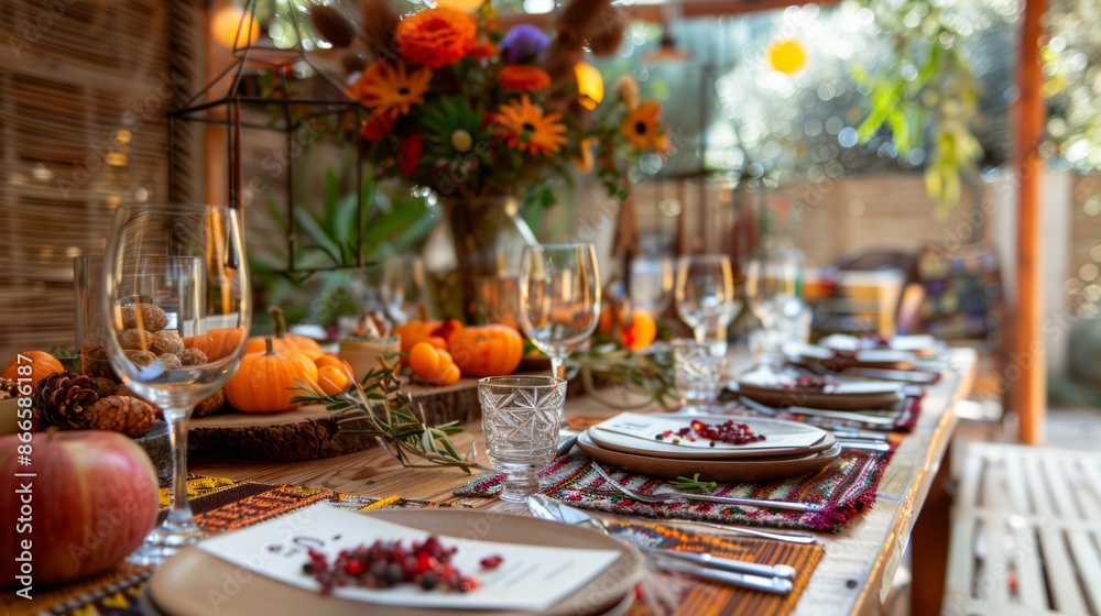 a table with festive decorations and traditional dishes on autumn Thanksgiving, set for guests, with cards a table with festive decorations and traditional dishes on autumn Thanksgiving, set for guests, with cards