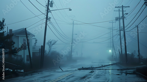 Strong winds from a hurricane make power lines sway dangerously in the stormy weather. photo