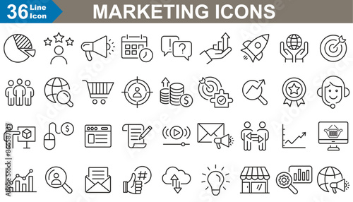 Marketing web icons set collection. e commerce, seo, analytics, content, growth, product, Influences and social media. perfect vector illustration