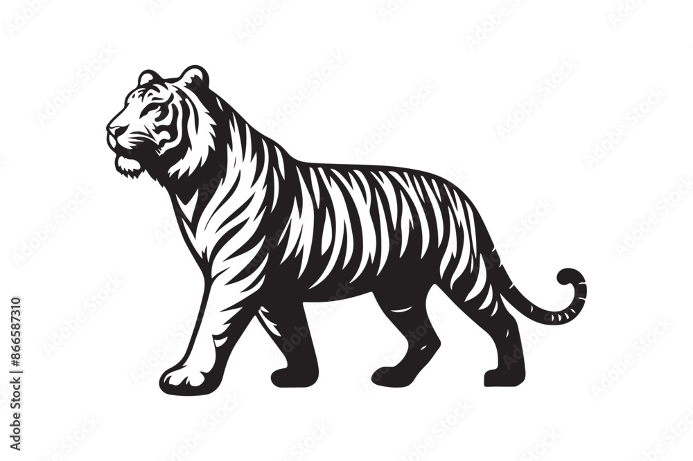 Fototapeta premium Black tiger walk silhouette vector with white background