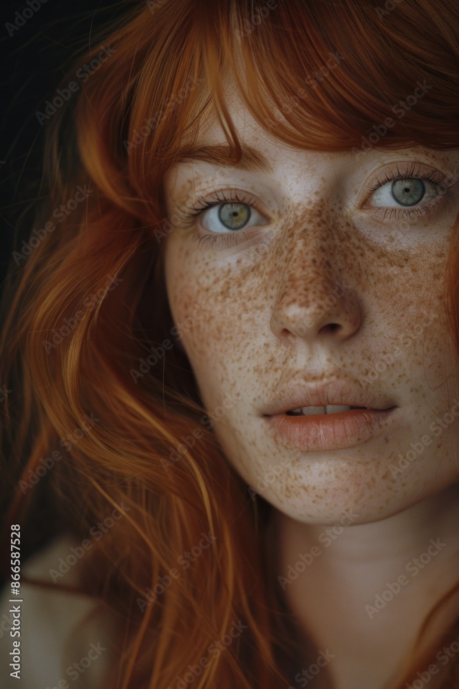 A woman with red hair and green eyes