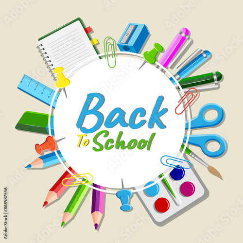 Back to School Round Design with School Supplies and Lettering on Brown Background. Vector Illustration Concept Banner Education with Pen, Pencil, Ruler, Notepad, Paperclip, Paint, Brush, Sharpener.