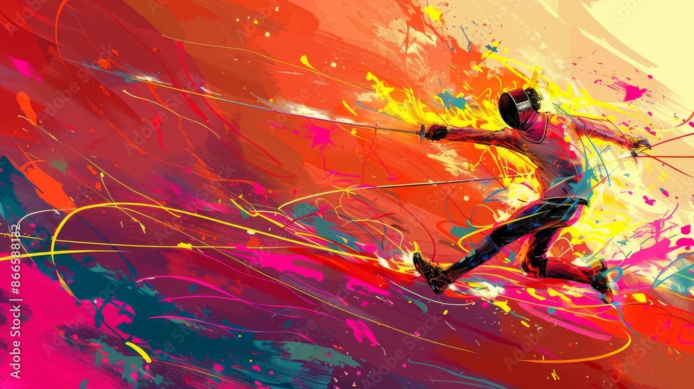Naklejka premium Fencing person in a detailed sketch, with vibrant colors and dynamic movement, expressing intense and competitive emotions