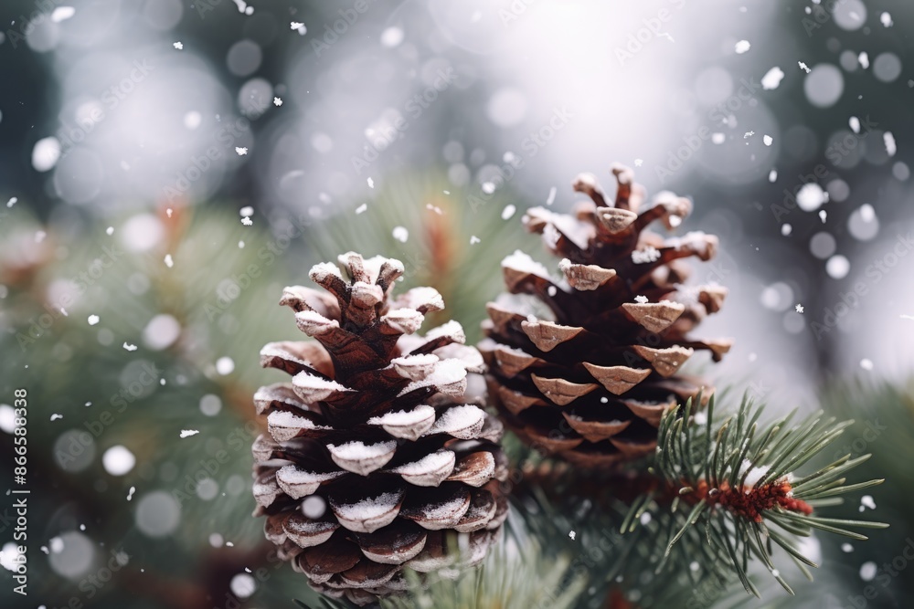 Two pine cones covered in snow on a tree branch Two pine cones covered in snow on a tree branch