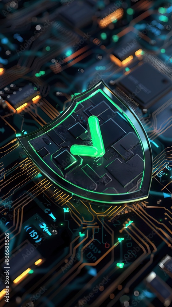 Digital security shield icon on a circuit board background. Printed ...