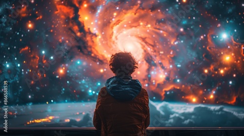 Fototapeta Naklejka Na Ścianę i Meble -  Possibly watching a movie or playing a video game, a person stands in front of a computer screen with a space background.