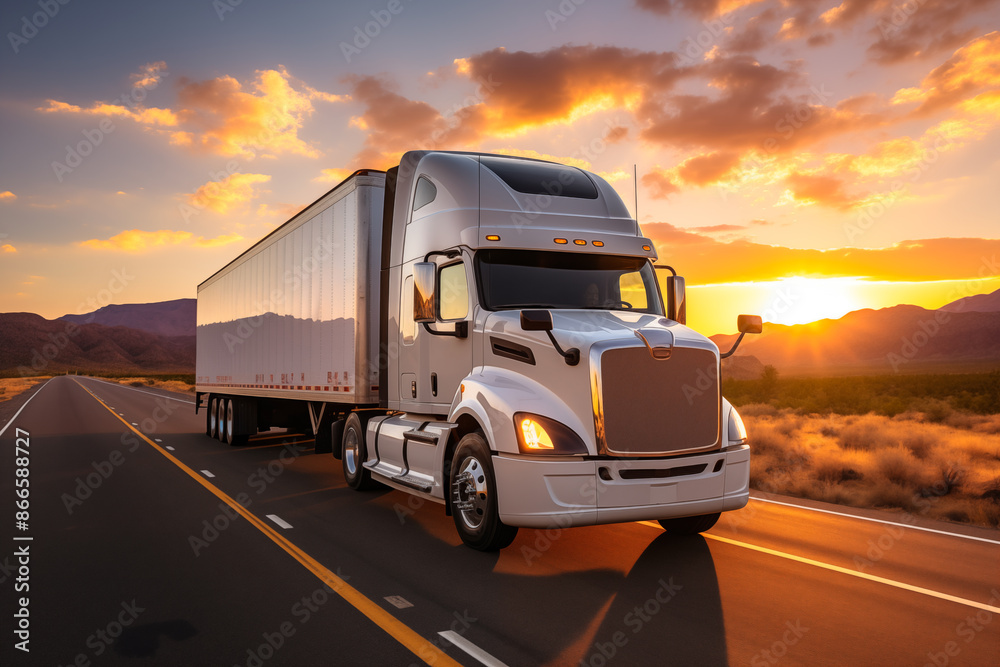White cargo truck driving on the highway with beautiful scenery in the background at sunset during sunset. Image with copy-space. Blank space on the trailer for advertising or branding. Ai Generated. White cargo truck driving on the highway with beautiful scenery in the background at sunset during sunset. Image with copy-space. Blank space on the trailer for advertising or branding. Ai Generated.