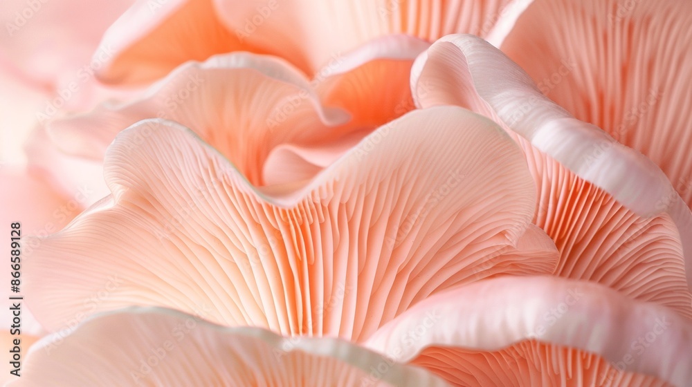 A close-up photograph of delicate pink oyster mushrooms, showcasing their intricate details and delicate texture A close-up photograph of delicate pink oyster mushrooms, showcasing their intricate details and delicate texture