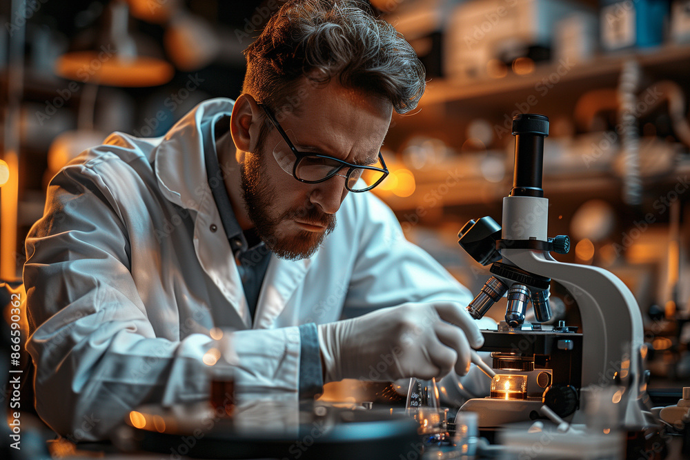 A focused scientist in a white lab coat and black gloves works diligently in a laboratory, examining a test tube. 