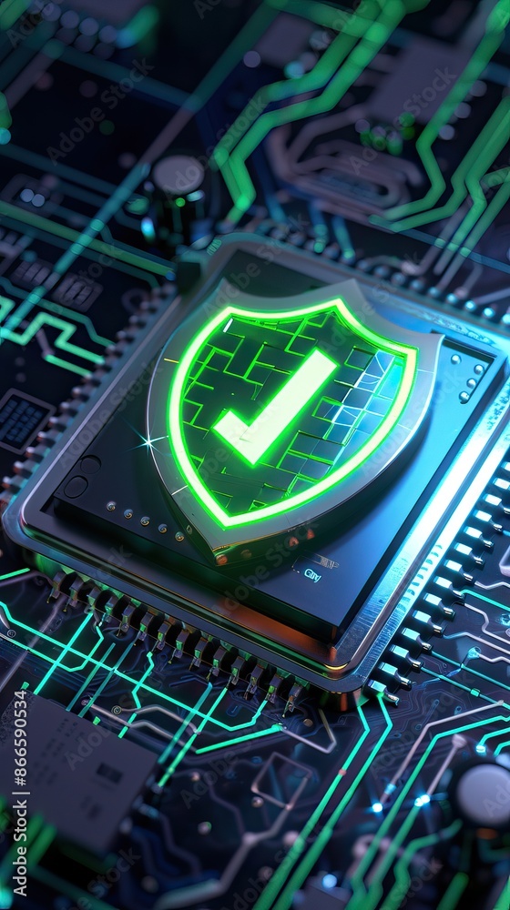 Digital security shield icon on a circuit board background. Printed ...