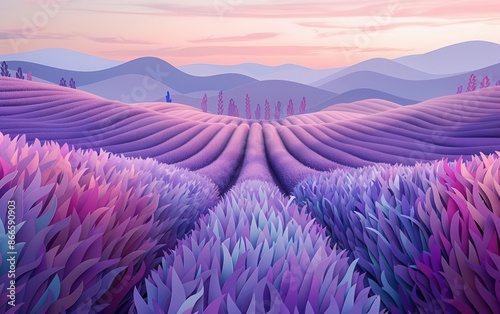 A pastelshaded lavender in a paper cut lavender field, topdown view, sunrise light, soothing photo